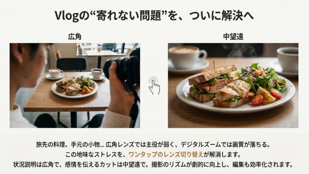 Osmo Pocket 4のデュアルレンズ機能による、広角での状況説明と中望遠での被写体強調の使い分けイメージ図。