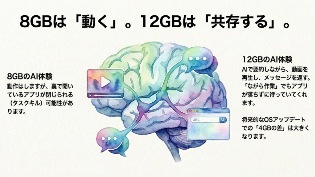 8GBメモリでのタスクキル発生リスクと、12GBメモリでの快適な「ながら作業（共存）」の違いを脳のイラストで比較した図。