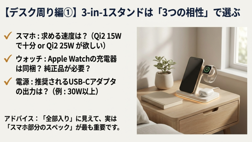 Qi2対応3-in-1充電スタンドを選ぶ際に確認すべきスマホ、Apple Watch、電源アダプタの3つの相性ポイント