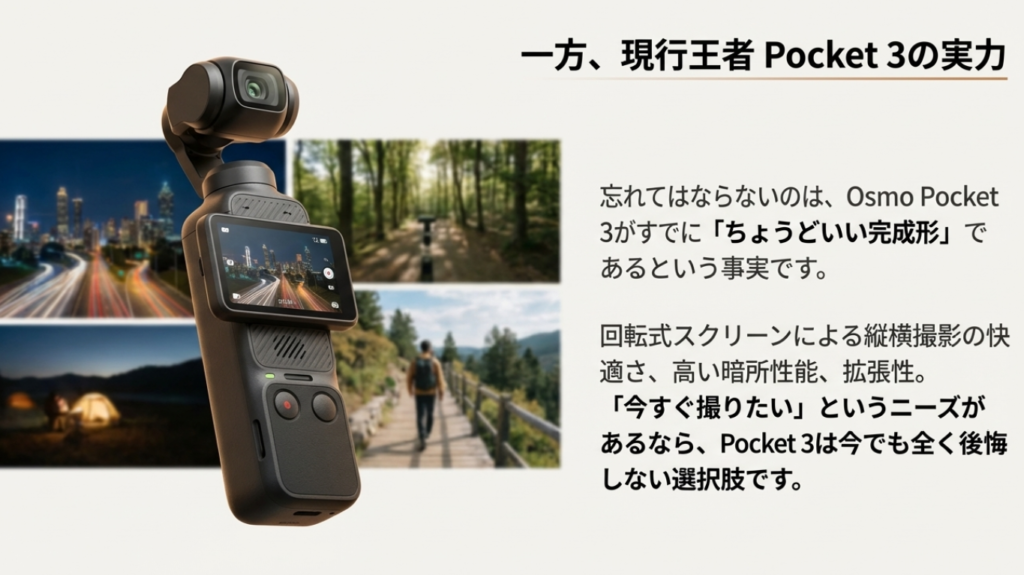 現行機種であるDJI Osmo Pocket 3が依然として「ちょうどいい完成形」であり、今購入しても後悔しない選択肢であることを示す製品イメージ。