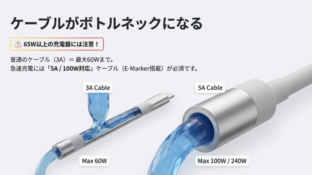 60Wの壁を超えるための5Aケーブル（E-Marker搭載）と通常の3Aケーブルの違いを示した図。