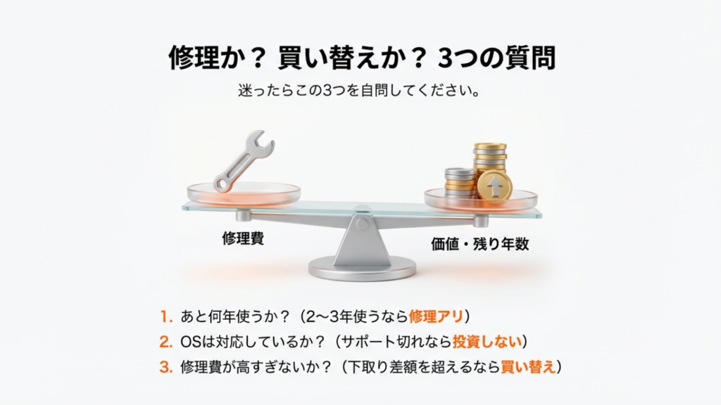 修理費用と残りの価値・年数を天秤にかけ、修理すべきか買い替えるべきかを判断するための3つのチェックポイント。