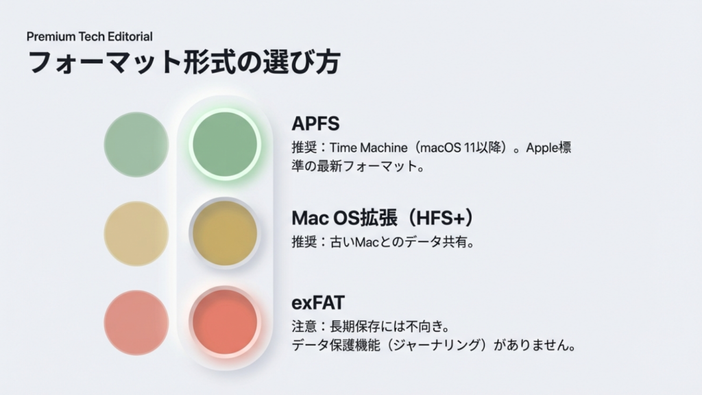 フォーマット形式の選び方:Time MachineはAPFS、古い共有ならHFS+