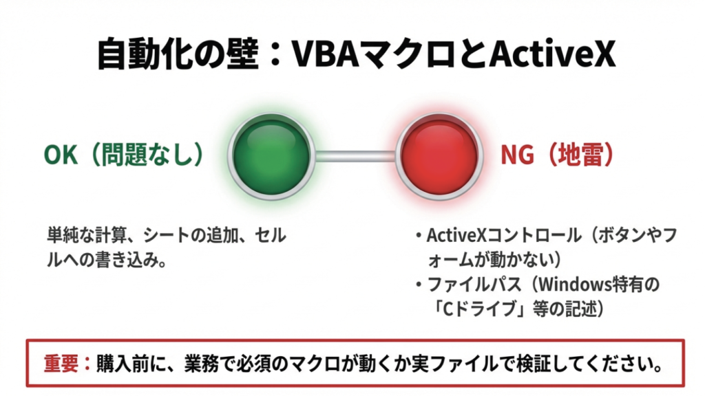 Mac版ExcelでのVBAマクロ互換性リスト。単純計算はOKだが、ActiveXコントロールやWindowsファイルパス記述はNG