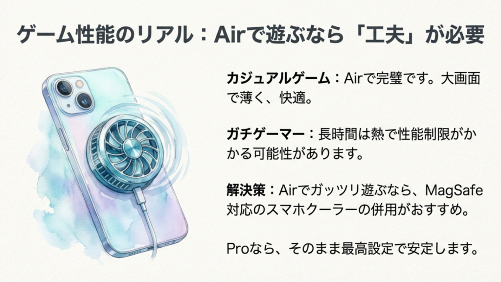 iPhone 17 Airで重いゲームをする際の熱対策。MagSafe対応スマホクーラーを使用することで性能制限を防ぐ方法の提案。