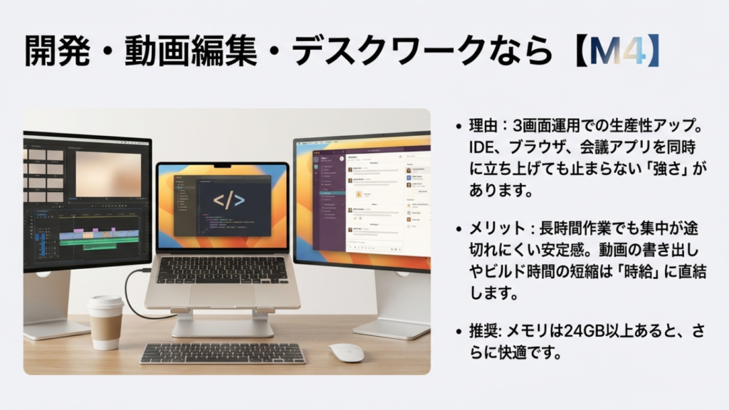 開発や動画編集にはMacBook Air M4がおすすめ。IDEや複数アプリの同時立ち上げに強い。