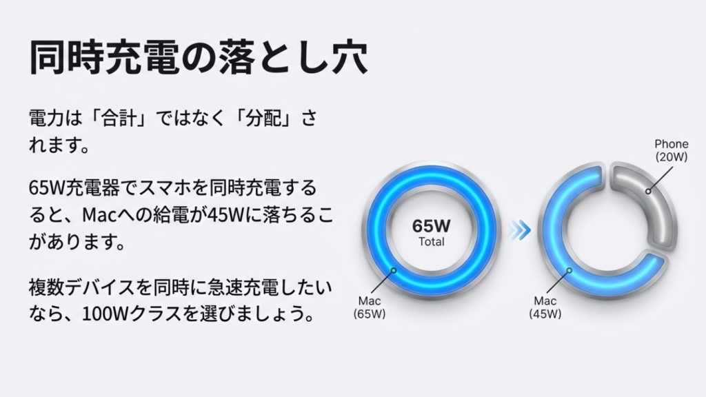 65W充電器で複数台充電した際に、Macへの給電が45Wに下がる電力分配の図解。