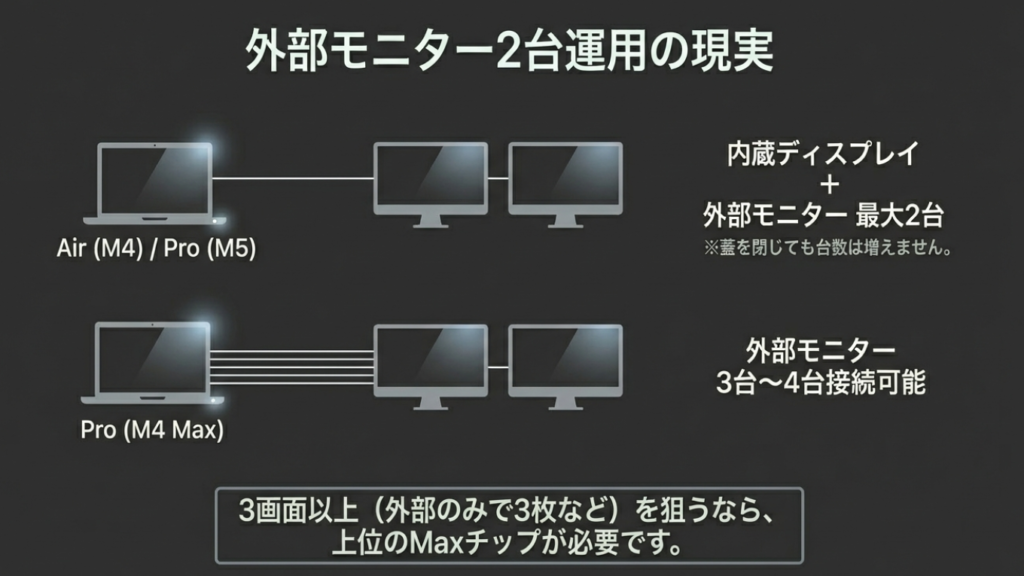 M4 Air/M5 Proの外部モニター2台出力と、M4 Maxの3台以上出力の対応表