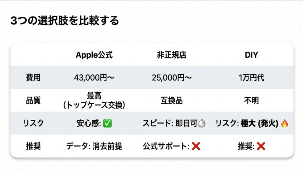 Apple公式、非正規店、DIYの費用とリスク比較表