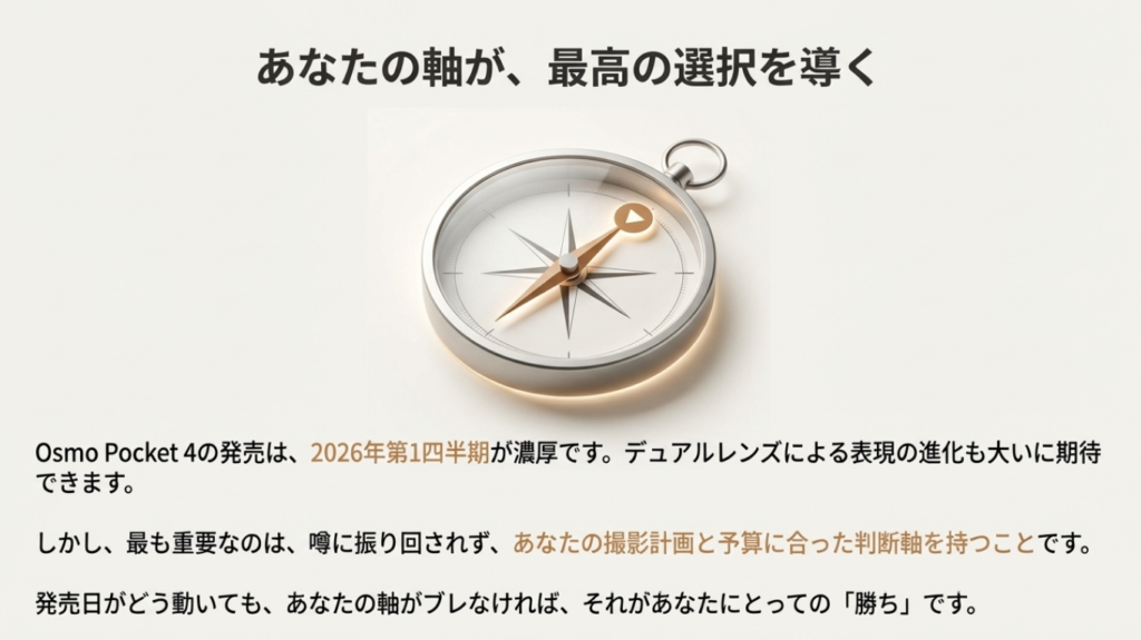 Osmo Pocket 4の発売日情報や噂に振り回されず、自分の撮影スタイルと予算を軸に判断することの重要性を示すコンパスのイメージ画像。
