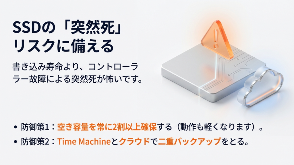 SSDは書き込み寿命よりもコントローラー故障による突然死がリスクであり、Time Machineとクラウドの二重バックアップが推奨されることを示す図。