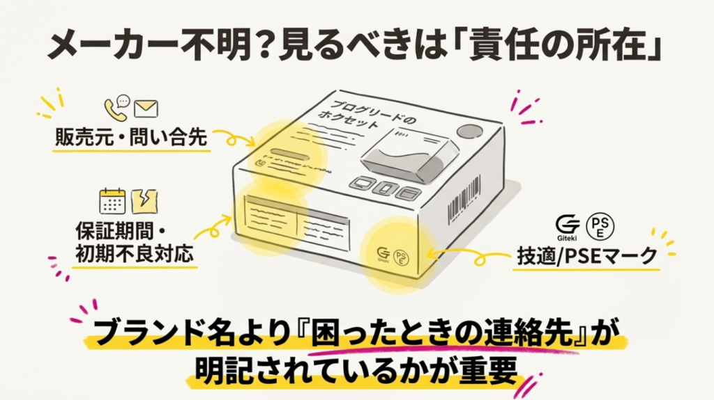 ブランド名よりも販売元、問い合わせ先、技適・PSEマークを確認するためのパッケージ裏面チェックポイント