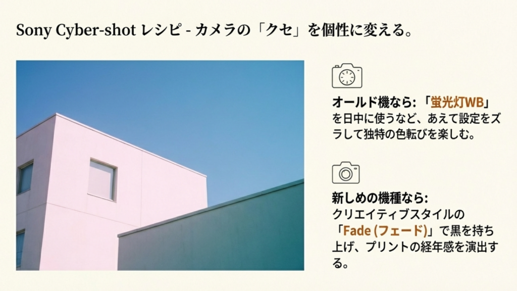 Sony Cyber-shotシリーズ向けのフィルム風設定。蛍光灯ホワイトバランスやフェード機能を使った色作りのコツ。