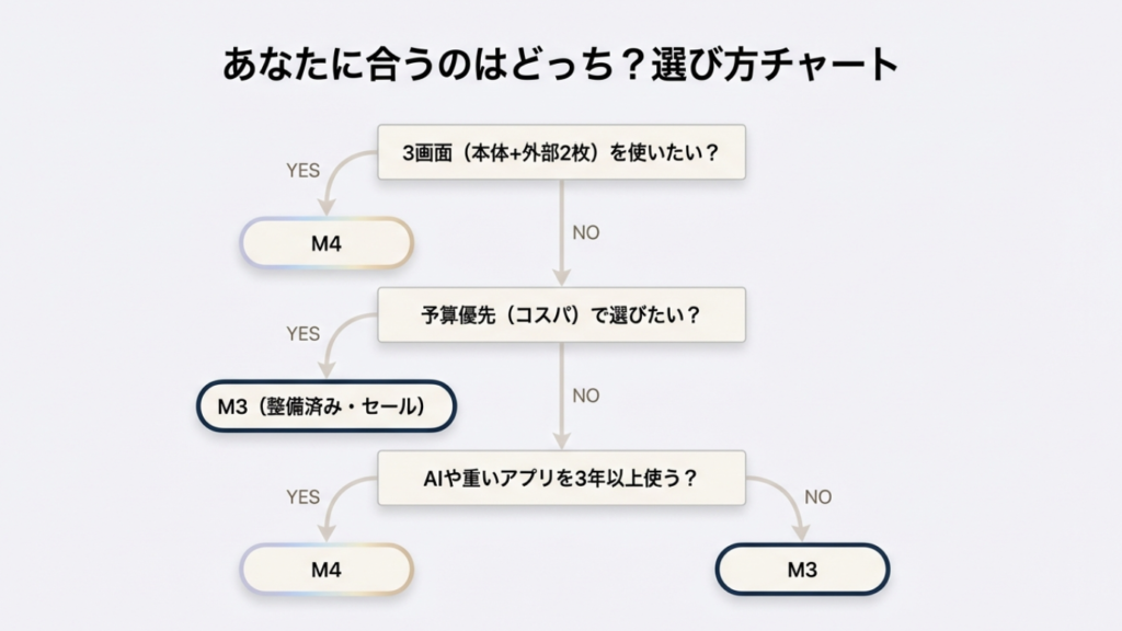 MacBook Air M3とM4の選び方フローチャート。3画面利用、予算(コスパ)、AI利用予定から最適なモデルを診断する図。