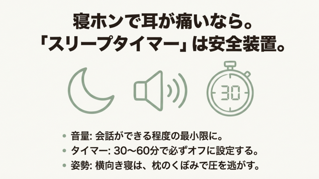寝ホンで耳が痛いときは音量を最小限にして30〜60分でオフにするスリープタイマーを安全装置として使う図