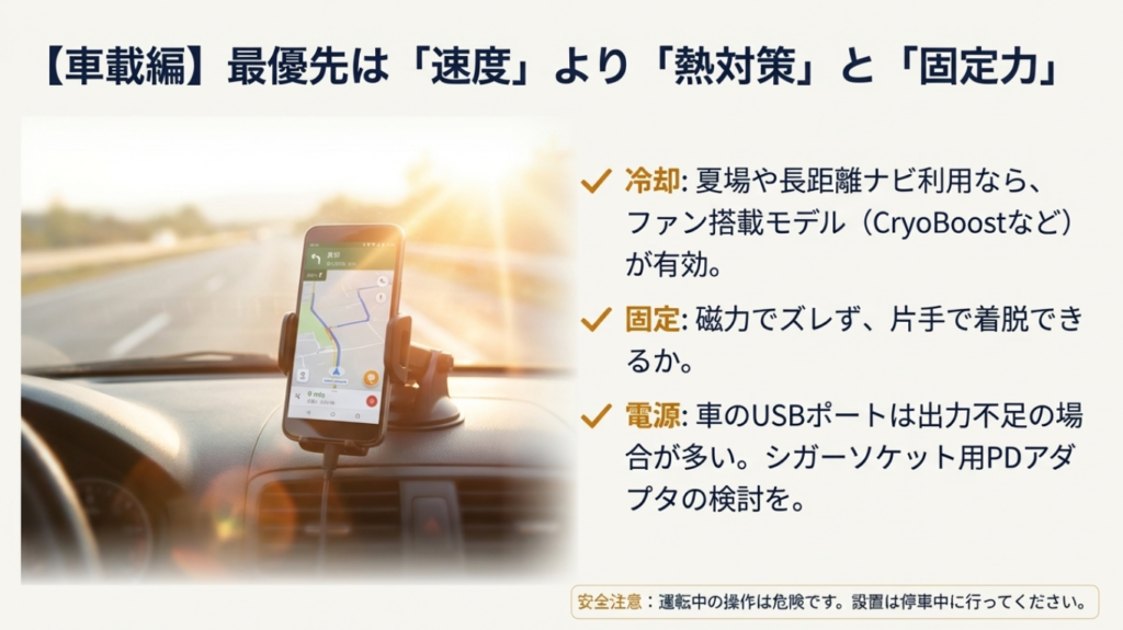 車載ワイヤレス充電器選びで重要な冷却ファン（CryoBoost）、磁気固定力、シガーソケット電源の選び方
