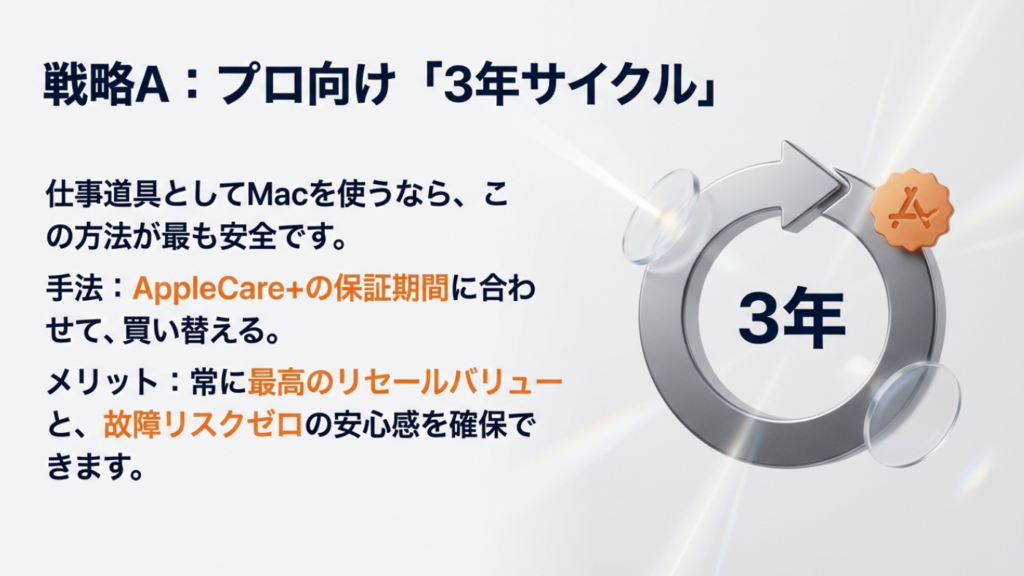 AppleCare+の保証期間に合わせて3年ごとに買い替えることで、リセールバリューを最大化するプロ向け戦略の図解。