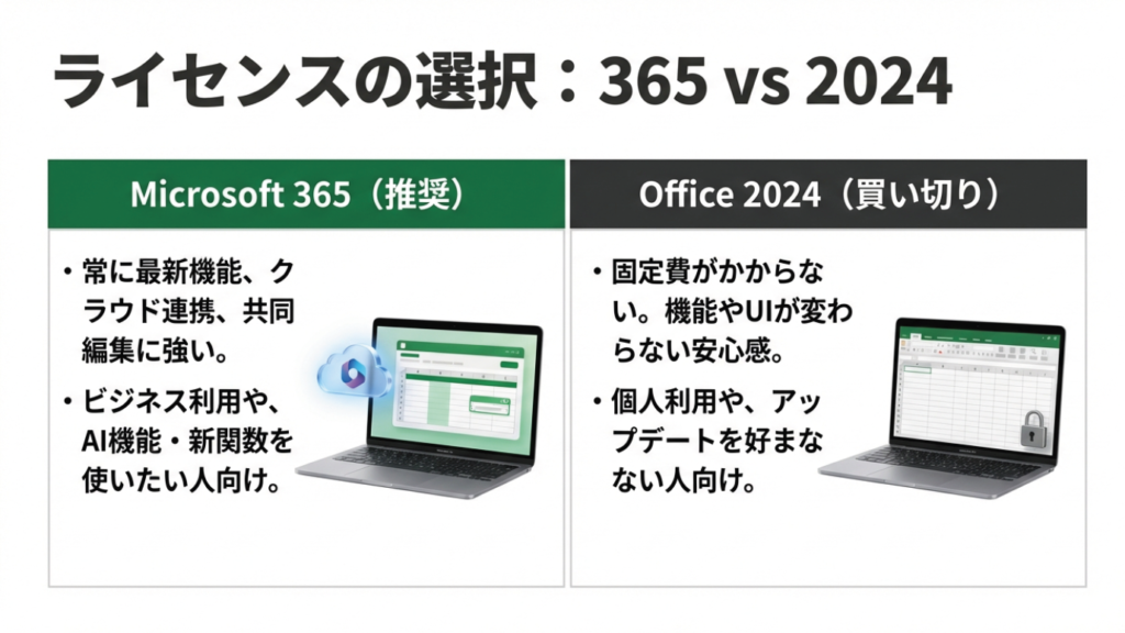 Microsoft 365のクラウド連携・最新機能と、Office 2024の固定費なし・安定性の比較図