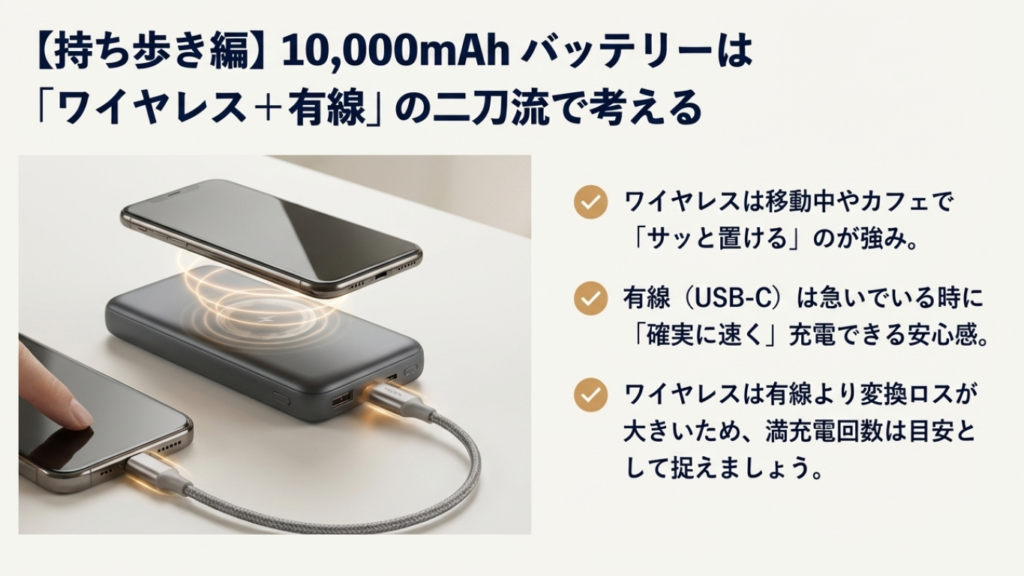 10000mAhモバイルバッテリーにおけるQi2ワイヤレス充電（便利さ重視）とUSB-C有線充電（速度重視）の使い分けイメージ