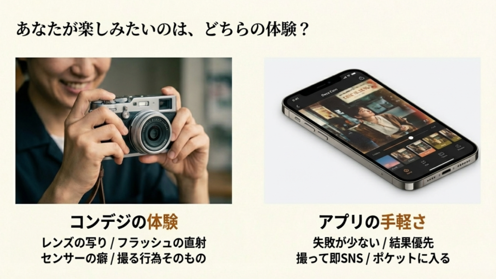 オールドコンデジの実機撮影とDazzCamなどカメラアプリのメリット・デメリット比較。体験重視か結果重視かの違い。