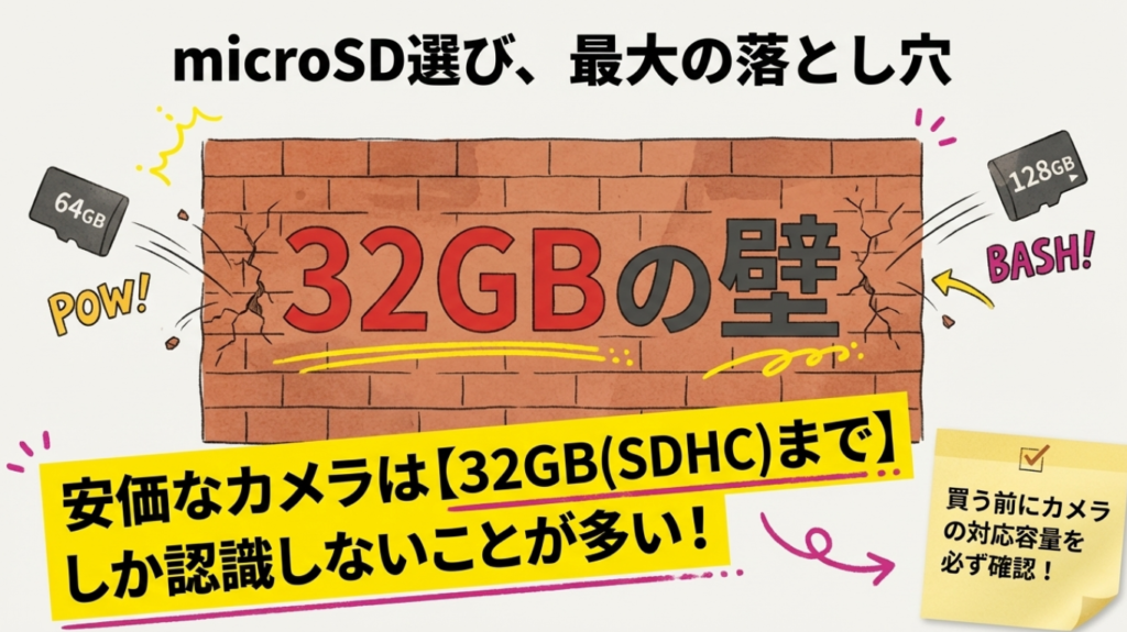 安価なカメラは32GBまでしか認識しないことが多いというmicroSD選びの注意点図解