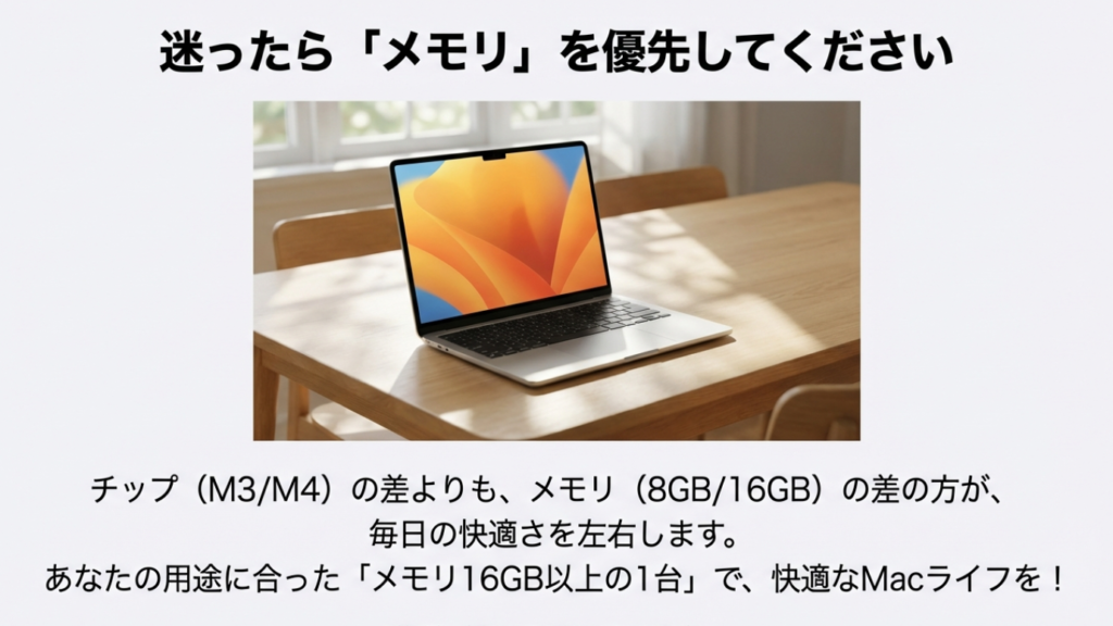 MacBook Air選びの結論。チップの違いよりメモリ16GB以上を選ぶことが重要。