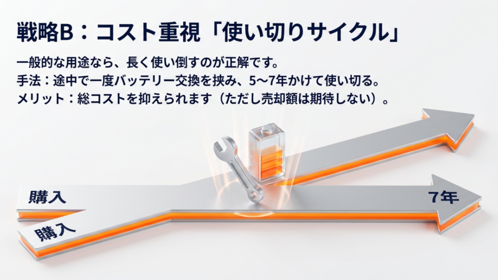 バッテリー交換を挟みながら5〜7年かけて使い切る、コストパフォーマンス重視の戦略図解。