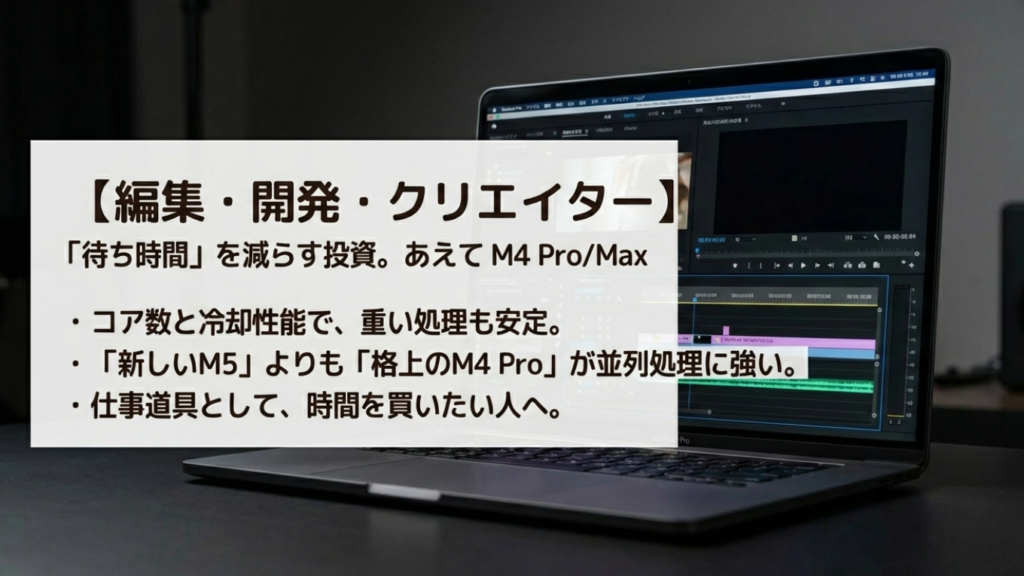 編集や開発での待ち時間を減らしたいプロユーザーにM4 Pro/Maxを推奨するスライド