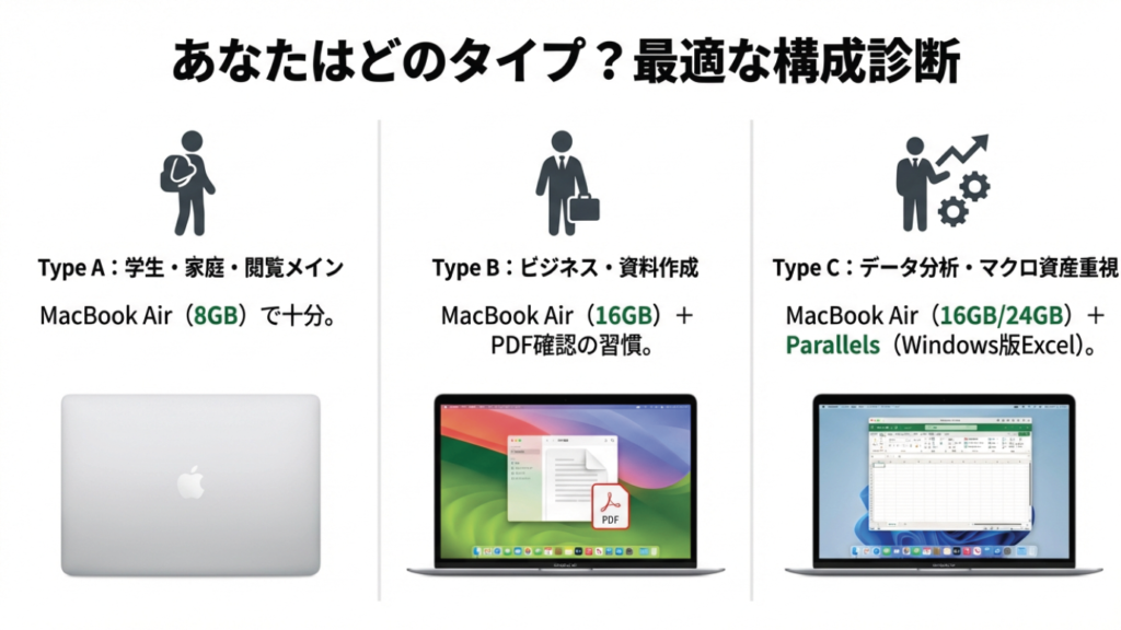 学生・家庭向け8GBモデル、ビジネス向け16GBモデル、データ分析向けParallels導入構成のタイプ別診断フロー