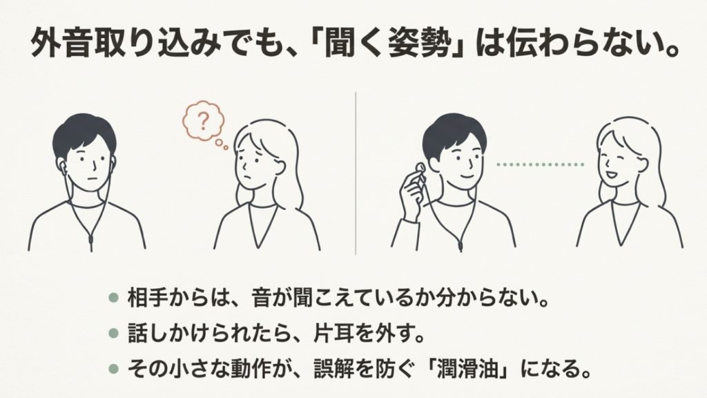 外音取り込み中でも相手には聞こえているか分からないため、話しかけられたら片耳を外すと誤解が減ることを示す図