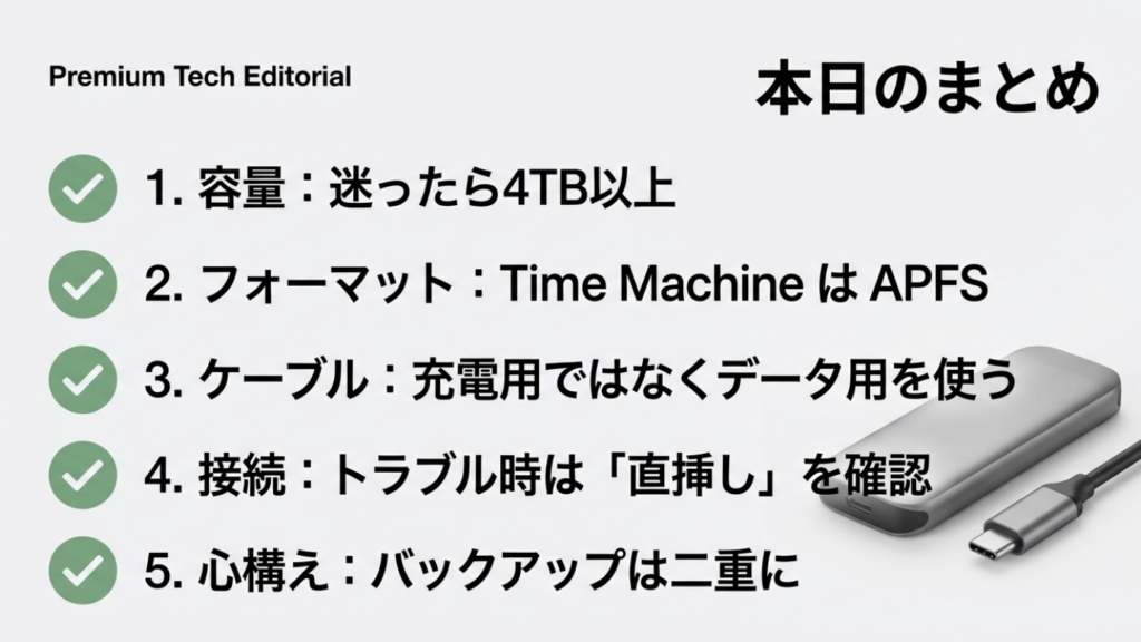 MacBook Pro外付けHDD運用のまとめ:容量・フォーマット・ケーブル・接続・心構え