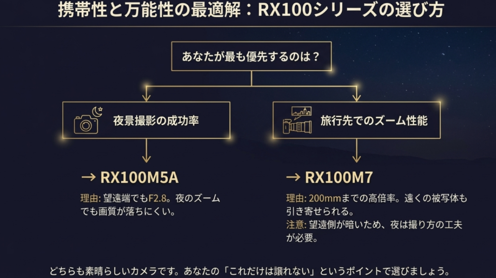 夜景重視はRX100M5A、旅行万能はRX100M7の分岐チャート