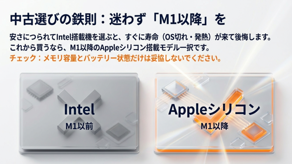 IntelモデルとAppleシリコン(M1以降)の比較。これから中古を買うなら寿命と性能の観点からM1以降一択であることを示す図。