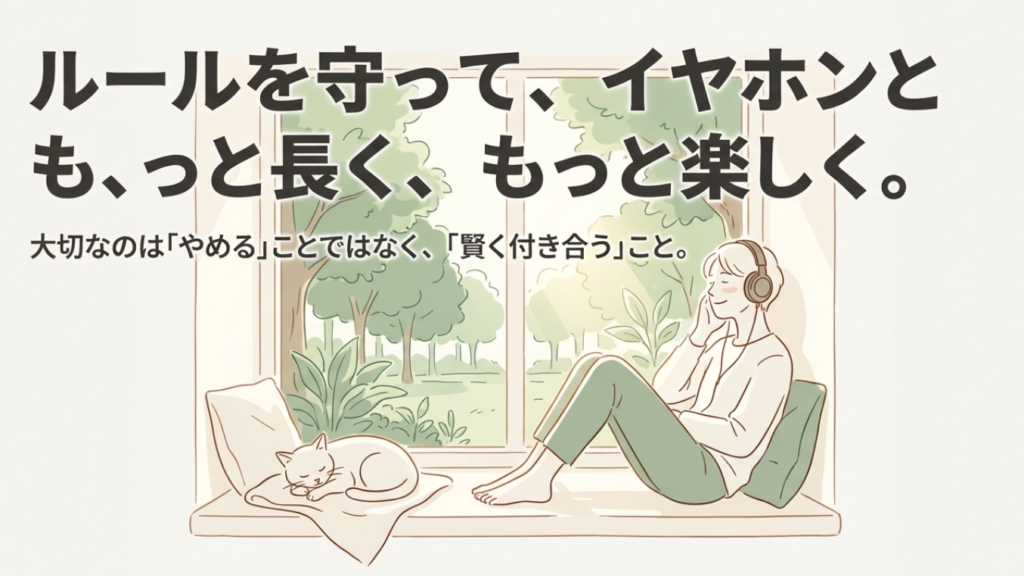 ルールを守ってイヤホンと長く楽しく付き合うことを促す締めのメッセージスライド