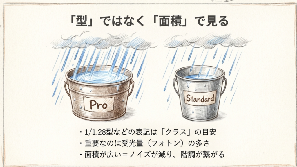 センサーサイズを面積（バケツ）で例えた図