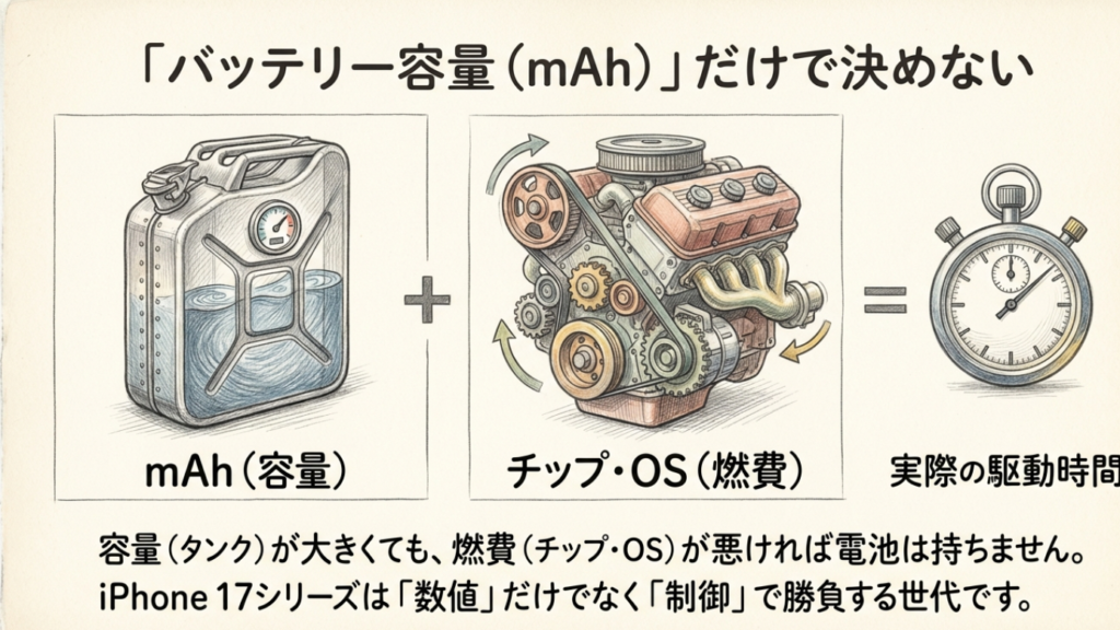 iPhone17のバッテリー容量と燃費の関係図 バッテリー容量(mAh)のタンクとチップ(SoC)の燃費エンジンの関係