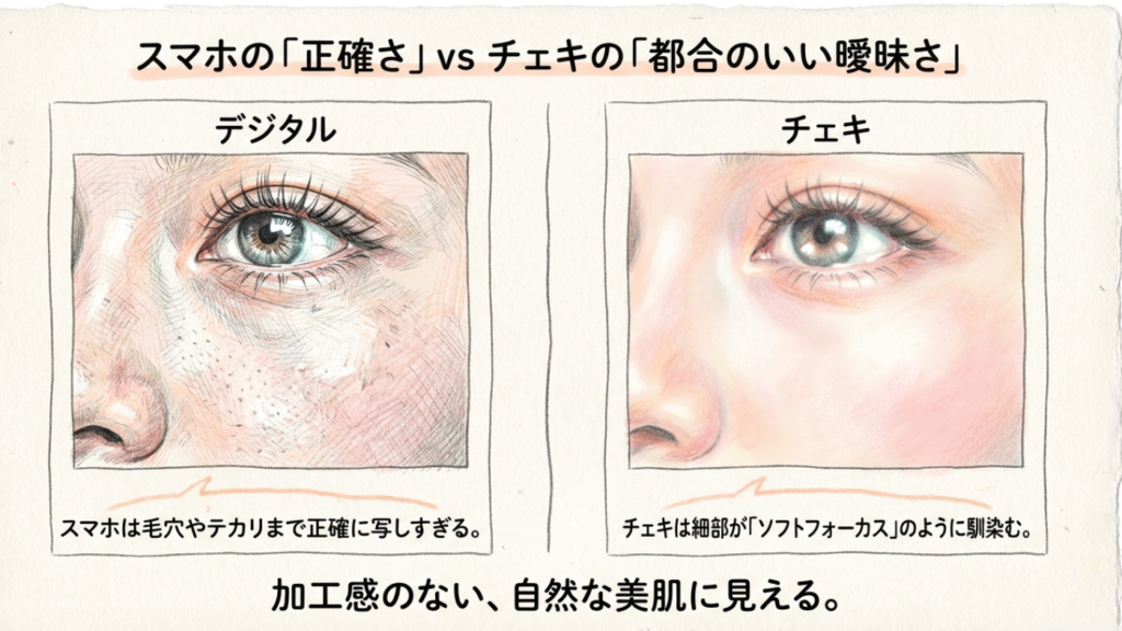 スマホの正確な描写とチェキの都合のいい曖昧さによるソフトフォーカス効果の比較