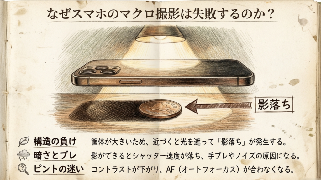 スマホのマクロ撮影で影落ちやピンボケが起きる原因：構造上の問題とAFの迷い