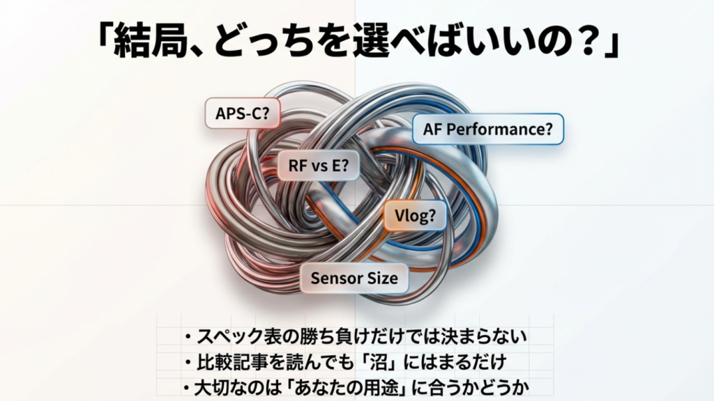 ミラーレスカメラ選びの悩みポイント図解（APS-C、AF性能、RF対Eマウント、Vlog、センサーサイズ）