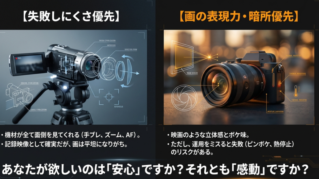 ビデオカメラとミラーレス一眼の構造と特徴の比較