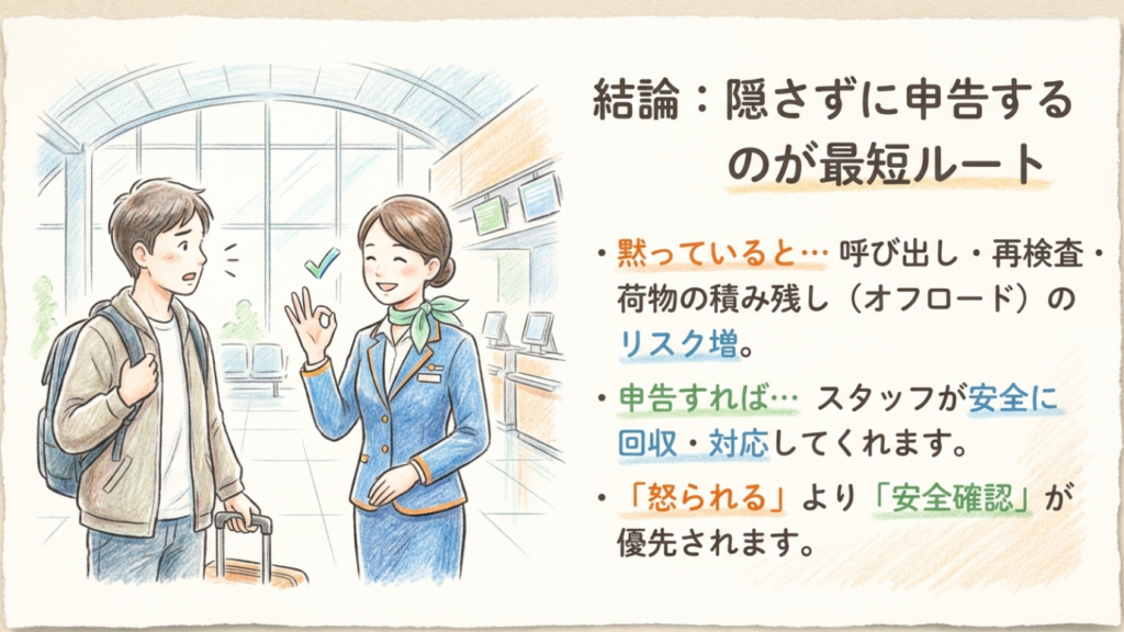 隠さずに申告するのが最短ルート 空港スタッフに正直に申告して解決する様子