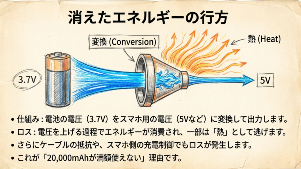 3.7Vの電池から5Vへ昇圧変換する際に熱が発生し、エネルギーロスが生まれる仕組みの図解