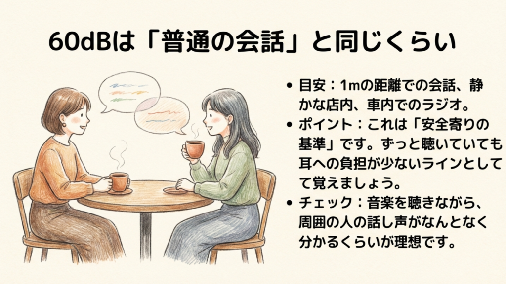 60dBの体感目安 60dBは1mの距離での会話と同じくらいの音量目安
