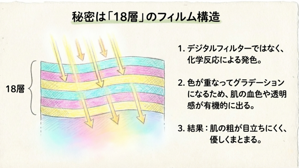チェキフィルムの18層構造によるグラデーションと肌の血色や透明感が出る仕組み