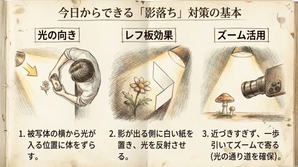 マクロ撮影の影落ちを防ぐライティングとズームのコツ：光の向きとレフ板活用