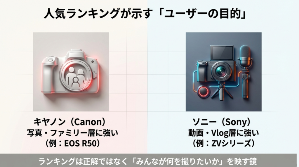 キヤノンは写真・ファミリー層（EOS R50など）、ソニーは動画・Vlog層（ZVシリーズ）に強い傾向がある