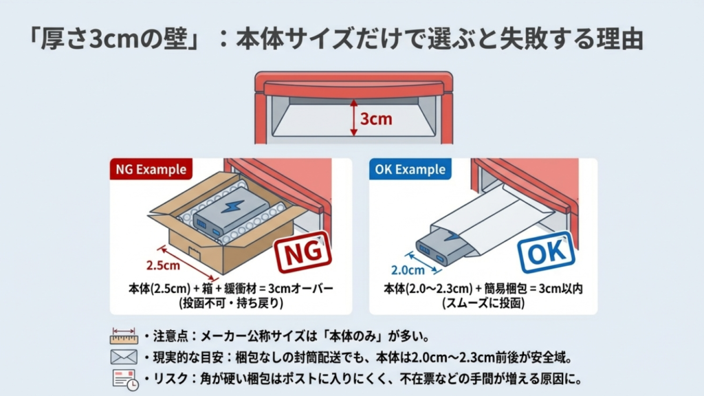 厚さ3cmの壁：本体2.5cmに箱と緩衝材を足すと投函不可になる例