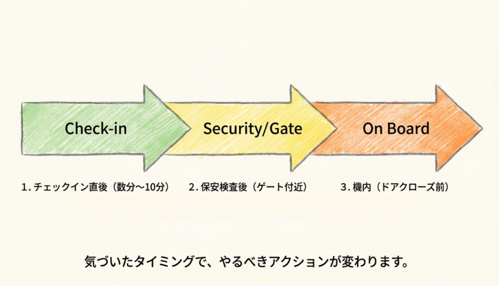 気づいたタイミング別の対応フロー チェックイン直後・保安検査後・機内の3段階のアクションフロー図