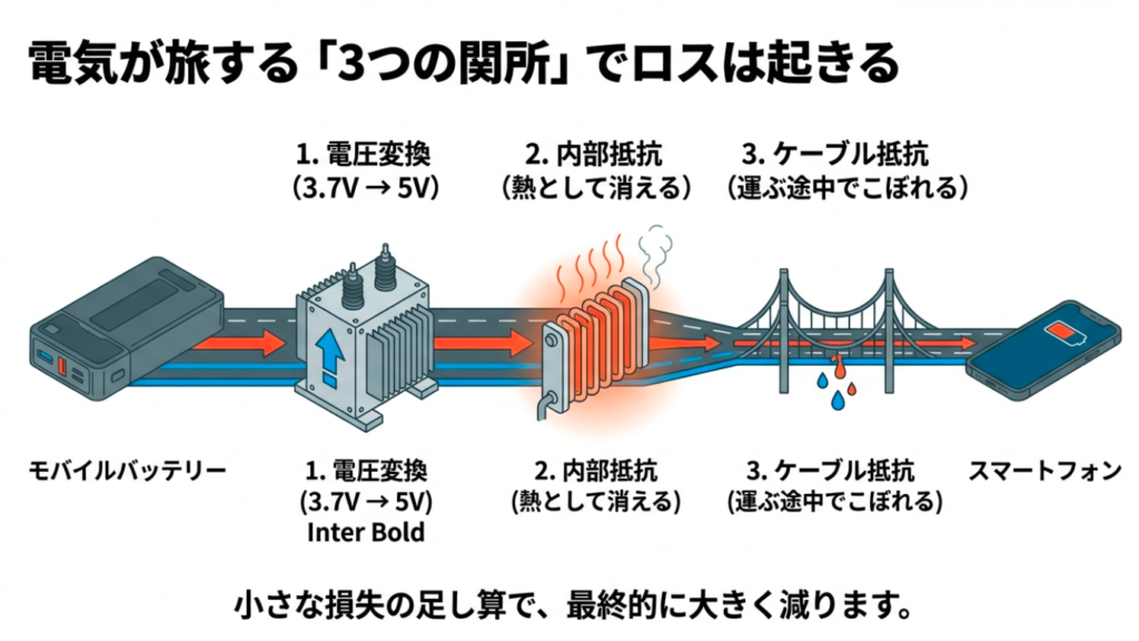 電圧変換、内部抵抗、ケーブル抵抗の3箇所で起きるロスの図