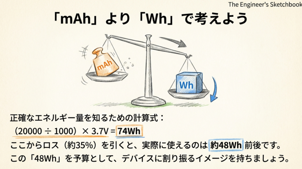 mAhよりもWhで考えるべき理由。20000mAhは約74Wh、ロスを引いて約48Whが実際に使えるエネルギー量